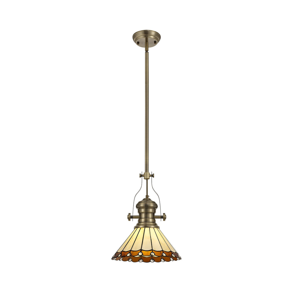 NLK04519 Louis/Umbrian 1 Light Telescopic Pendant With 30cm Tiffany Shade Antique Brass/Amber/Chrome/Crystal