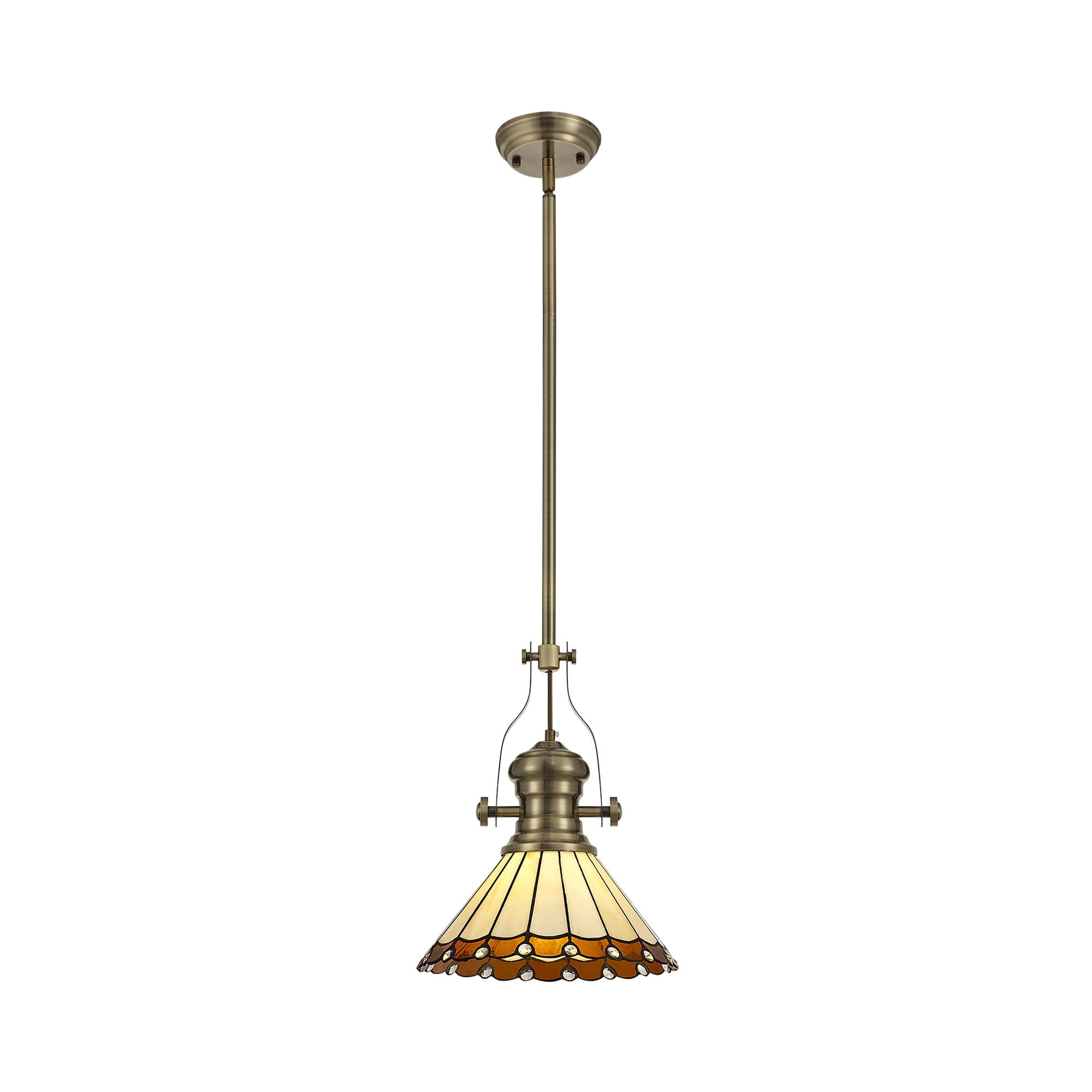 NLK04519 Louis/Umbrian 1 Light Telescopic Pendant With 30cm Tiffany Shade Antique Brass/Amber/Chrome/Crystal