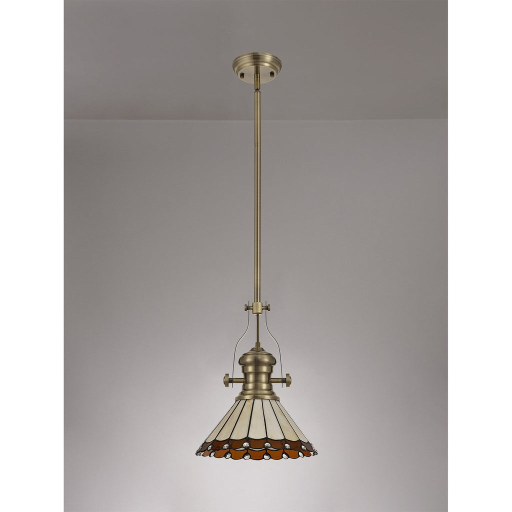 NLK04519 Louis/Umbrian 1 Light Telescopic Pendant With 30cm Tiffany Shade Antique Brass/Amber/Chrome/Crystal