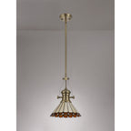 NLK04519 Louis/Umbrian 1 Light Telescopic Pendant With 30cm Tiffany Shade Antique Brass/Amber/Chrome/Crystal