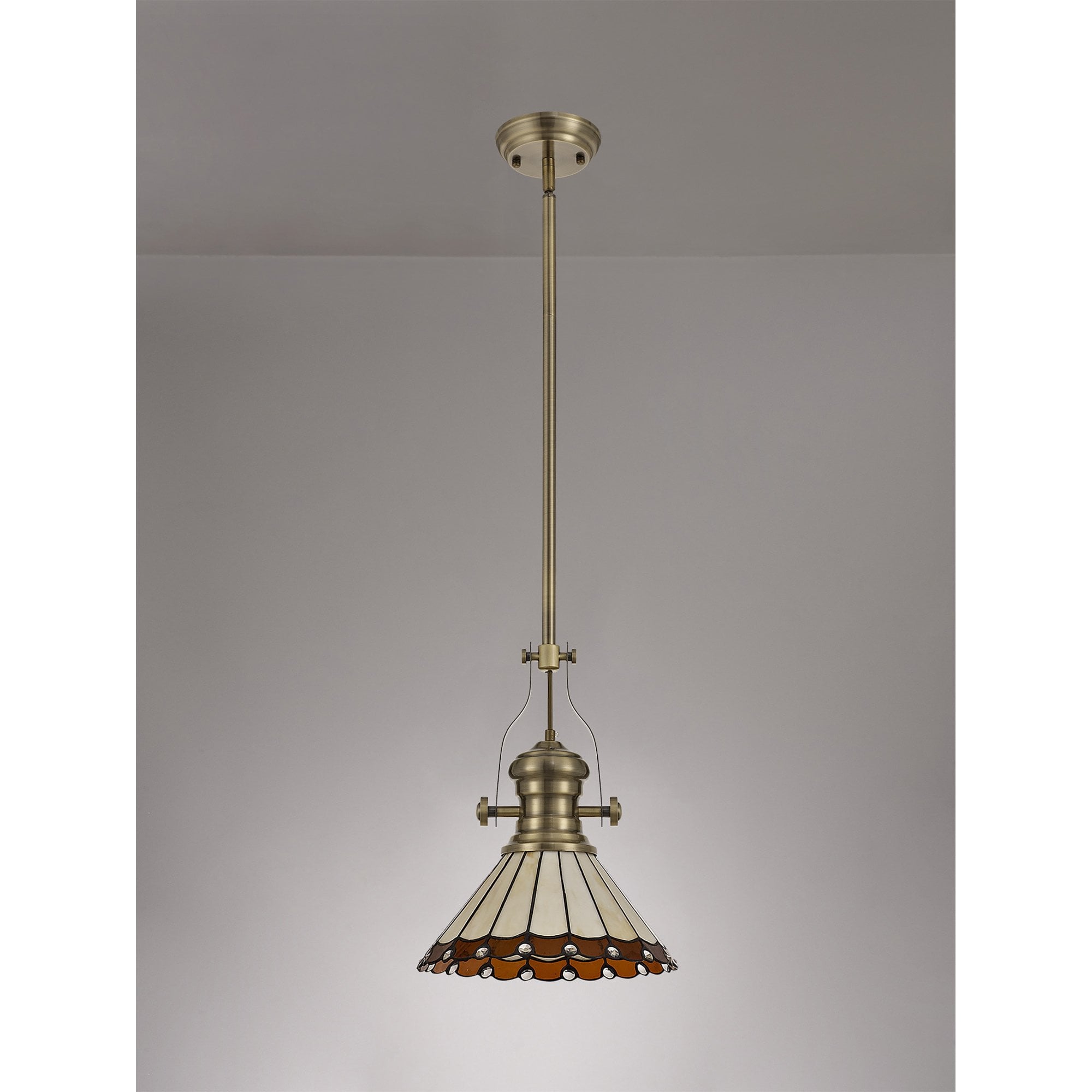 NLK04519 Louis/Umbrian 1 Light Telescopic Pendant With 30cm Tiffany Shade Antique Brass/Amber/Chrome/Crystal