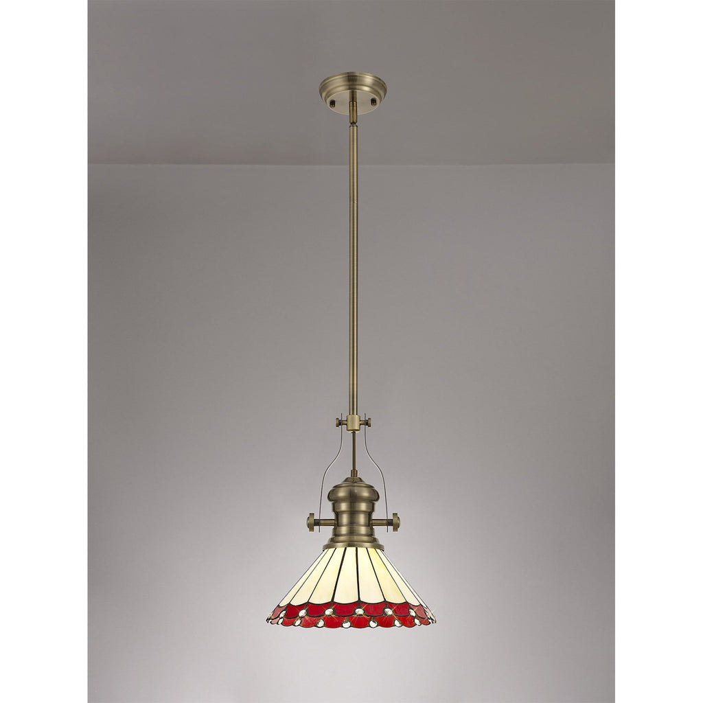 NLK04529 Louis/Umbrian 1 Light Telescopic Pendant With 30cm Tiffany Shade Antique Brass/Red/Chrome/Crystal