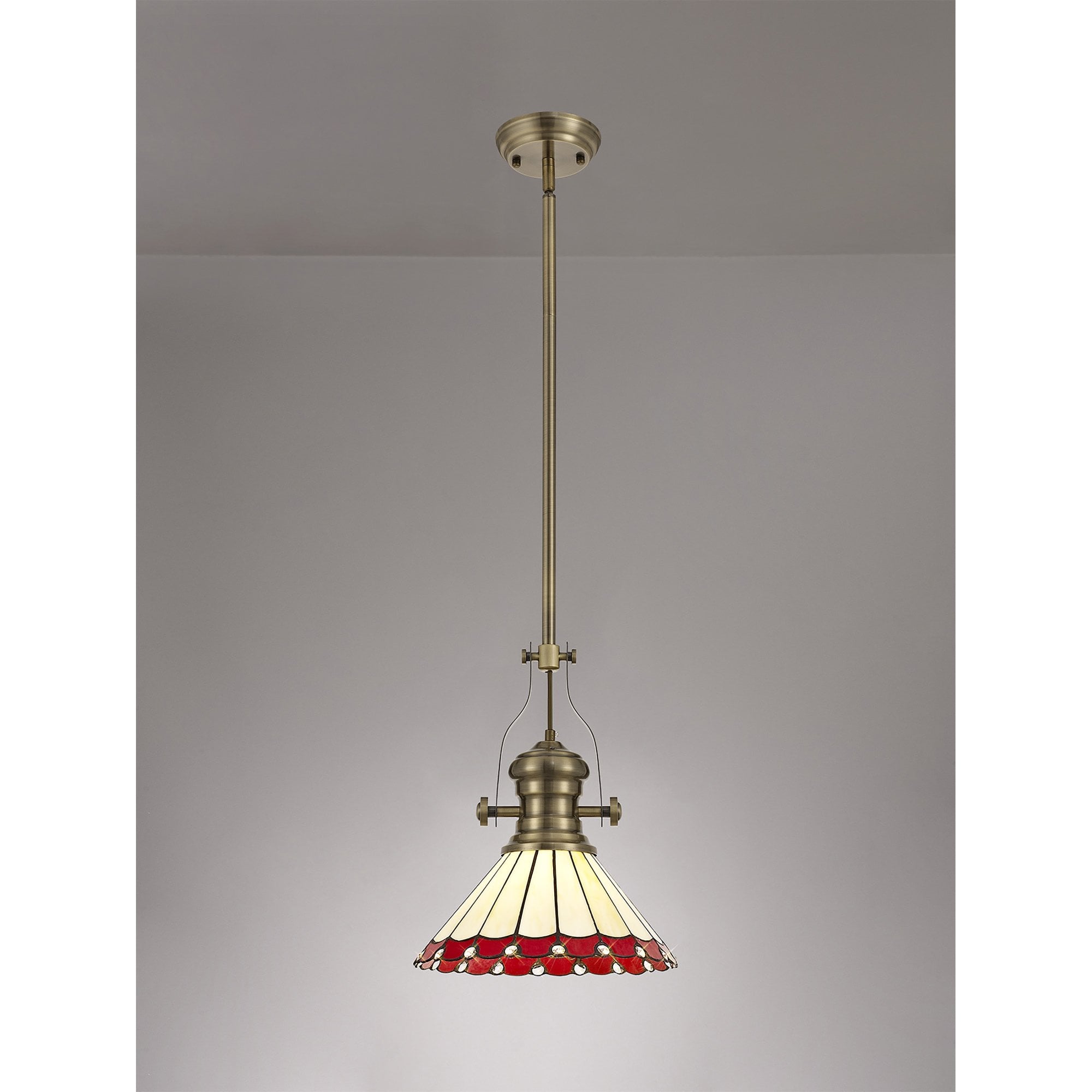 NLK04529 Louis/Umbrian 1 Light Telescopic Pendant With 30cm Tiffany Shade Antique Brass/Red/Chrome/Crystal