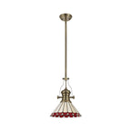 NLK04529 Louis/Umbrian 1 Light Telescopic Pendant With 30cm Tiffany Shade Antique Brass/Red/Chrome/Crystal