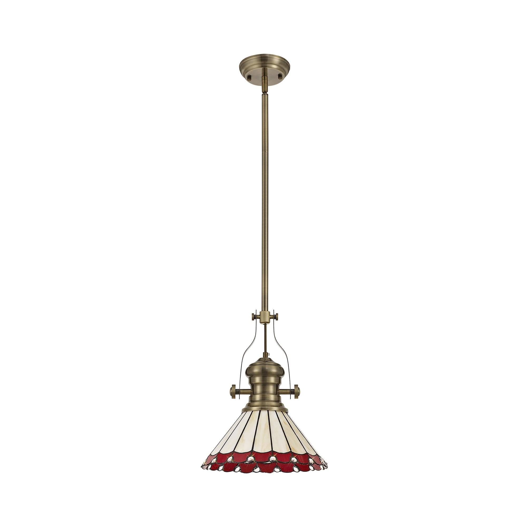 NLK04529 Louis/Umbrian 1 Light Telescopic Pendant With 30cm Tiffany Shade Antique Brass/Red/Chrome/Crystal