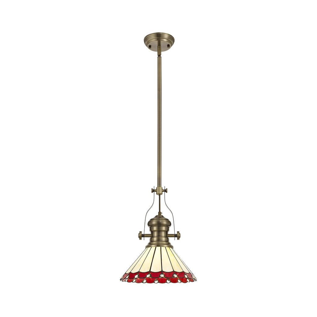NLK04529 Louis/Umbrian 1 Light Telescopic Pendant With 30cm Tiffany Shade Antique Brass/Red/Chrome/Crystal