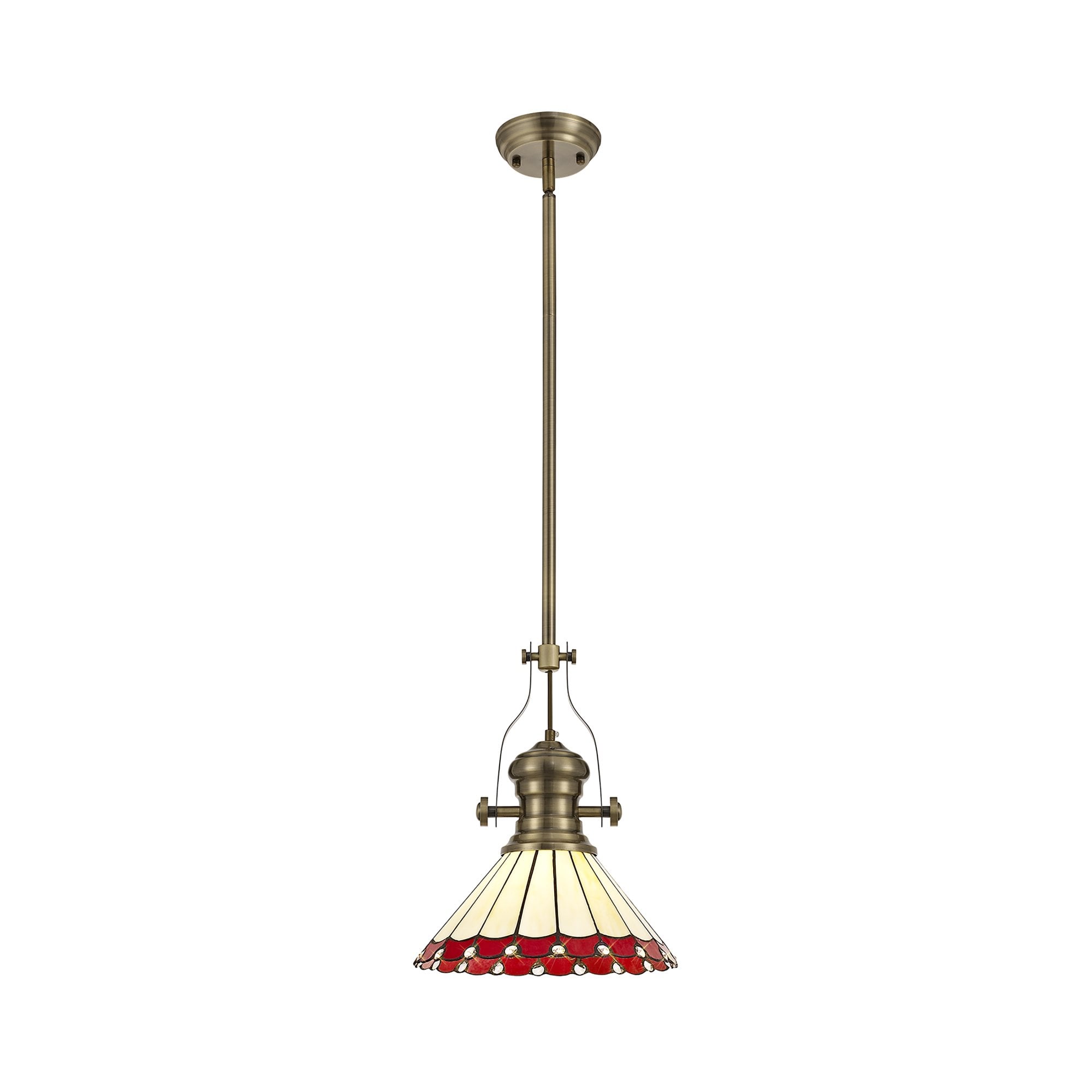 NLK04529 Louis/Umbrian 1 Light Telescopic Pendant With 30cm Tiffany Shade Antique Brass/Red/Chrome/Crystal