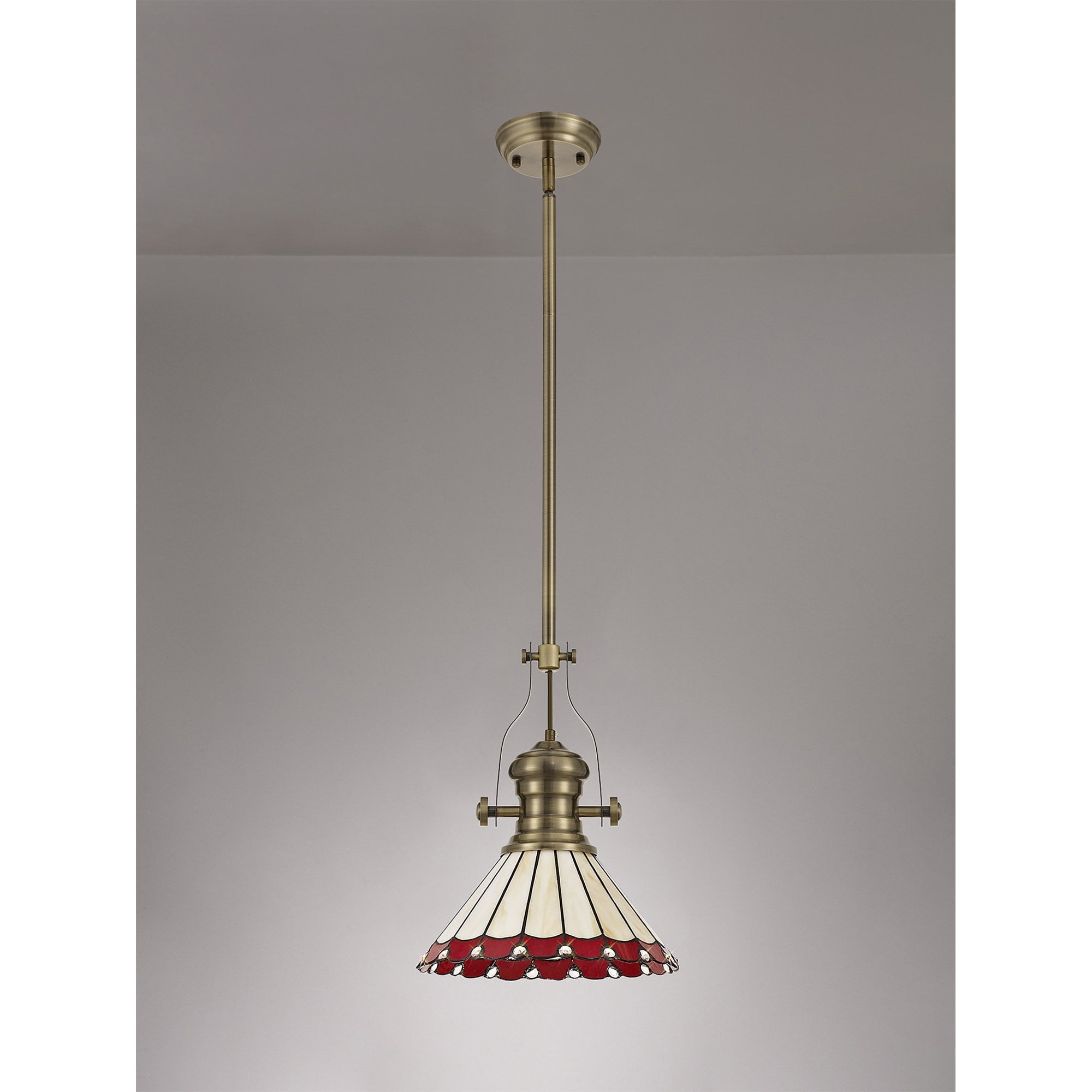 NLK04529 Louis/Umbrian 1 Light Telescopic Pendant With 30cm Tiffany Shade Antique Brass/Red/Chrome/Crystal