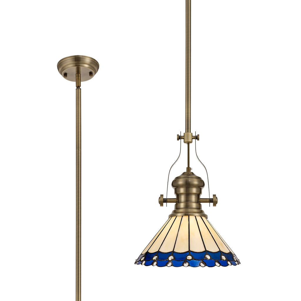 NLK04539 Louis/Umbrian 1 Light Telescopic Pendant With 30cm Tiffany Shade Antique Brass/Blue/Chrome/Crystal