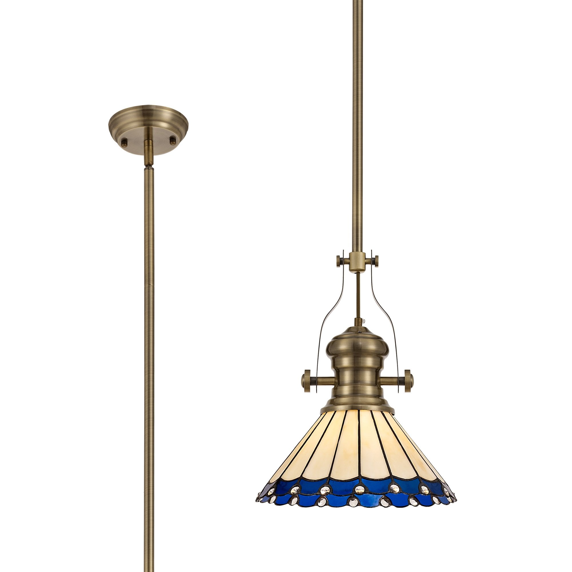 NLK04539 Louis/Umbrian 1 Light Telescopic Pendant With 30cm Tiffany Shade Antique Brass/Blue/Chrome/Crystal