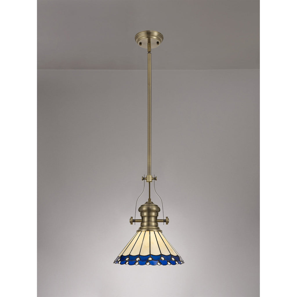 NLK04539 Louis/Umbrian 1 Light Telescopic Pendant With 30cm Tiffany Shade Antique Brass/Blue/Chrome/Crystal