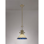NLK04539 Louis/Umbrian 1 Light Telescopic Pendant With 30cm Tiffany Shade Antique Brass/Blue/Chrome/Crystal