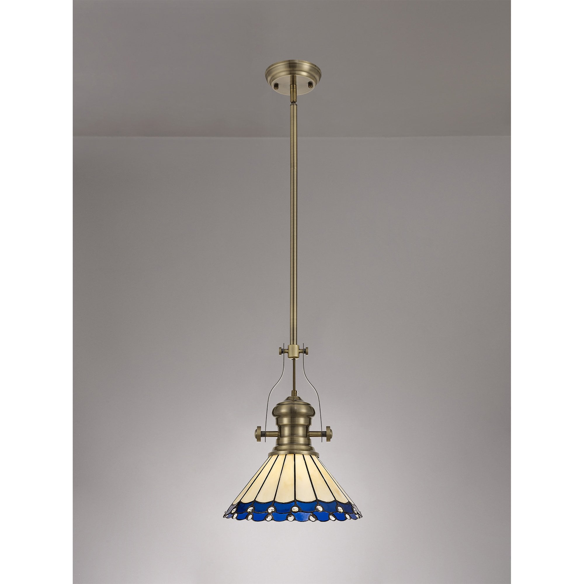 NLK04539 Louis/Umbrian 1 Light Telescopic Pendant With 30cm Tiffany Shade Antique Brass/Blue/Chrome/Crystal