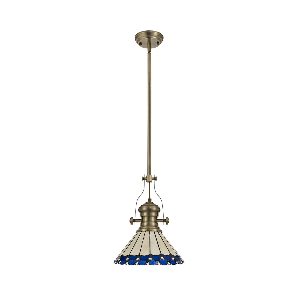 NLK04539 Louis/Umbrian 1 Light Telescopic Pendant With 30cm Tiffany Shade Antique Brass/Blue/Chrome/Crystal
