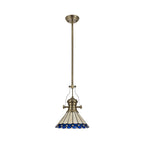 NLK04539 Louis/Umbrian 1 Light Telescopic Pendant With 30cm Tiffany Shade Antique Brass/Blue/Chrome/Crystal
