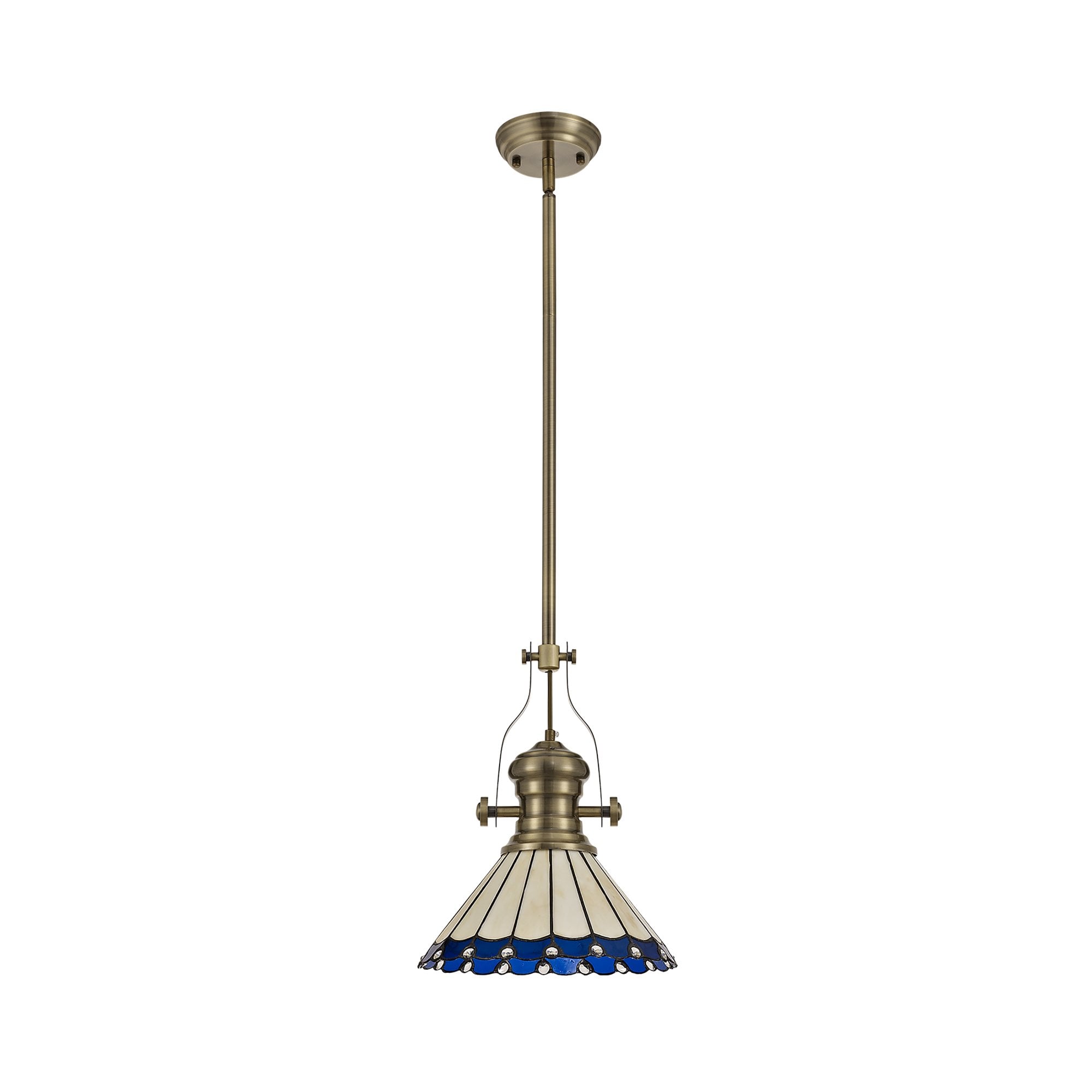 NLK04539 Louis/Umbrian 1 Light Telescopic Pendant With 30cm Tiffany Shade Antique Brass/Blue/Chrome/Crystal