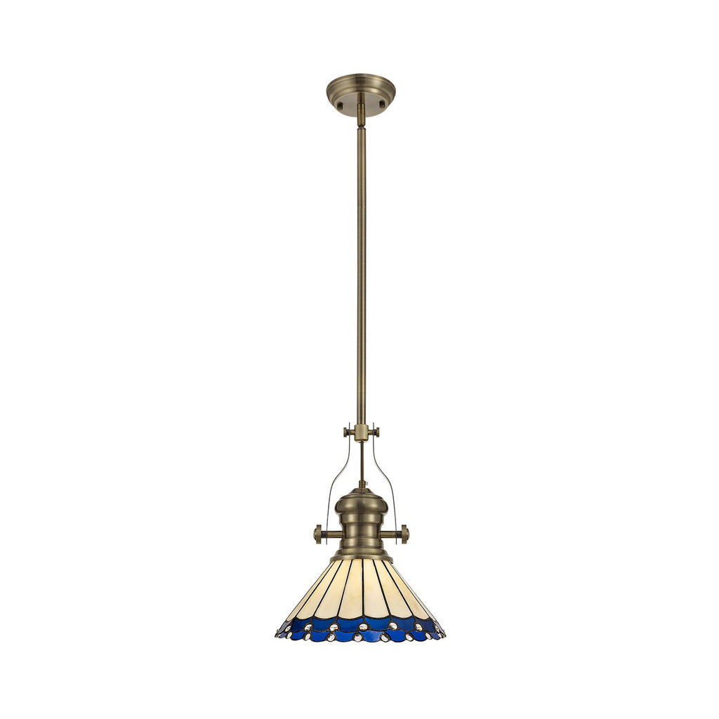 NLK04539 Louis/Umbrian 1 Light Telescopic Pendant With 30cm Tiffany Shade Antique Brass/Blue/Chrome/Crystal