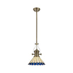 NLK04539 Louis/Umbrian 1 Light Telescopic Pendant With 30cm Tiffany Shade Antique Brass/Blue/Chrome/Crystal