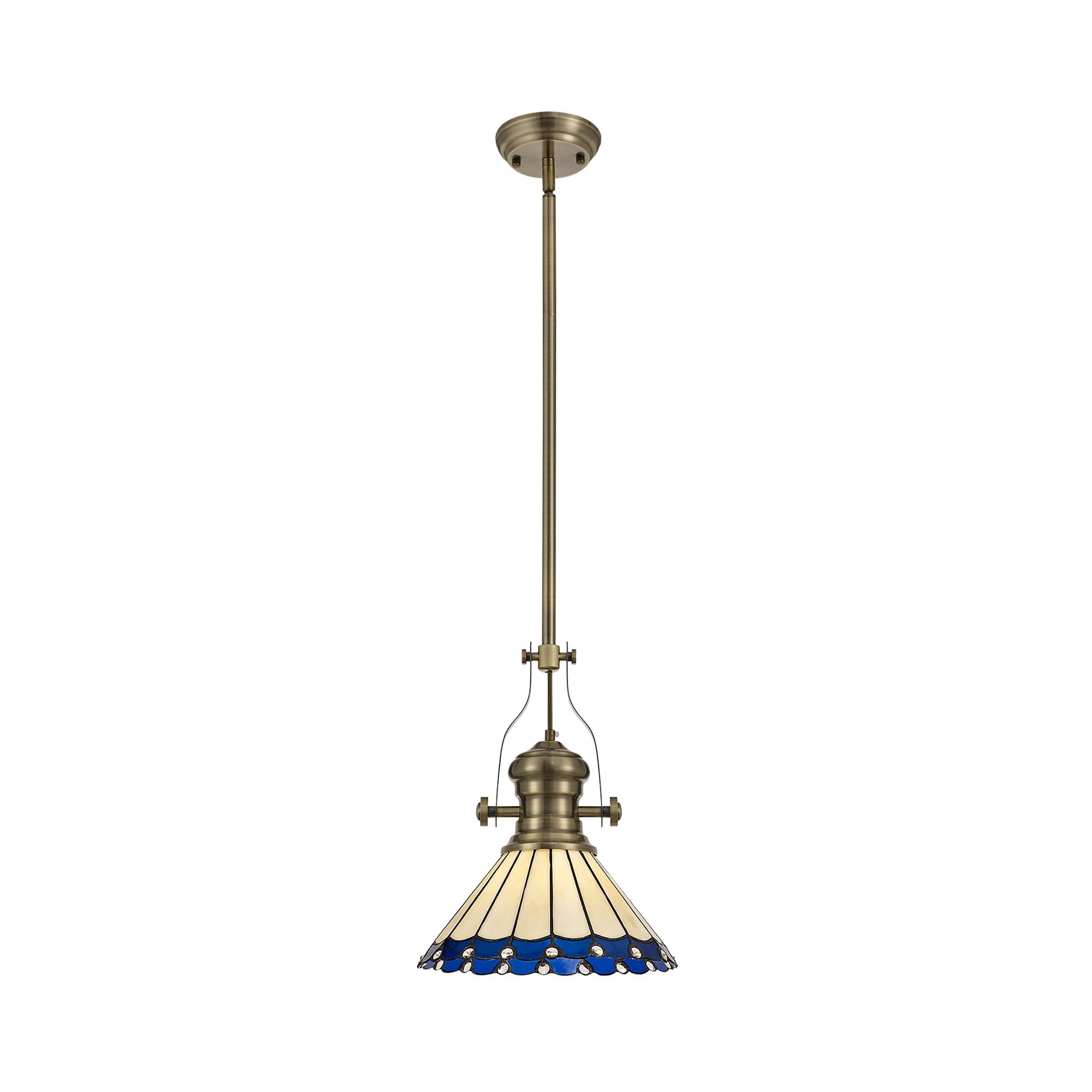NLK04539 Louis/Umbrian 1 Light Telescopic Pendant With 30cm Tiffany Shade Antique Brass/Blue/Chrome/Crystal