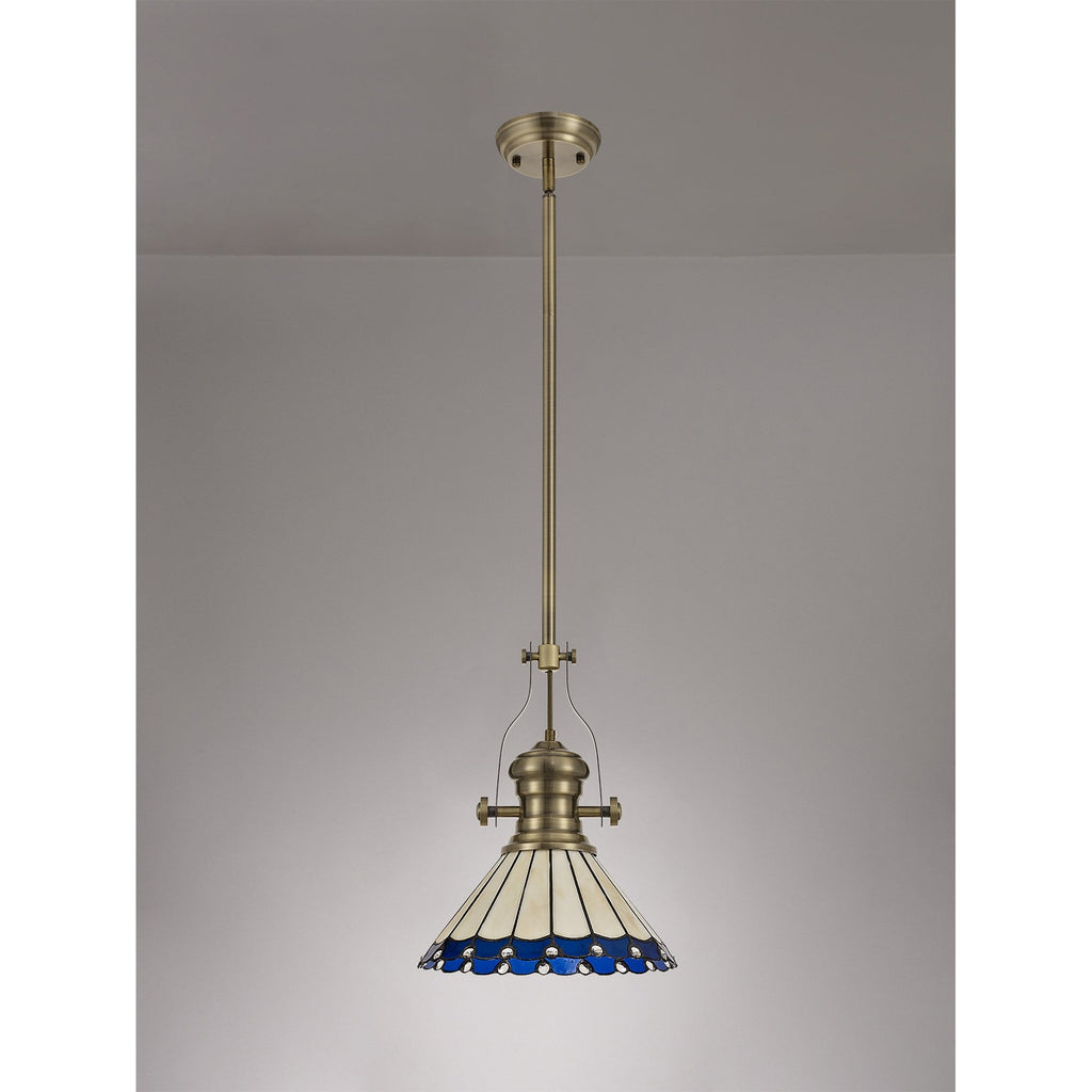 NLK04539 Louis/Umbrian 1 Light Telescopic Pendant With 30cm Tiffany Shade Antique Brass/Blue/Chrome/Crystal