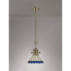 NLK04539 Louis/Umbrian 1 Light Telescopic Pendant With 30cm Tiffany Shade Antique Brass/Blue/Chrome/Crystal