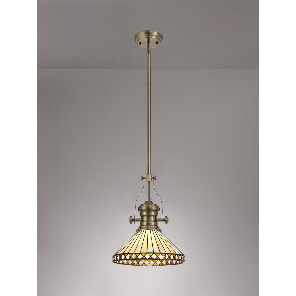 NLK04559 Louis/Tink 1 Light Telescopic Pendant With 30cm Tiffany Shade Antique Brass/Amber/Chrome/Crystal
