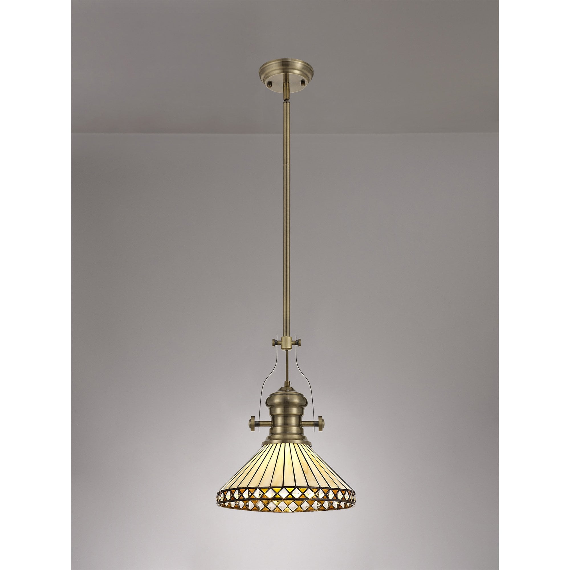 NLK04559 Louis/Tink 1 Light Telescopic Pendant With 30cm Tiffany Shade Antique Brass/Amber/Chrome/Crystal