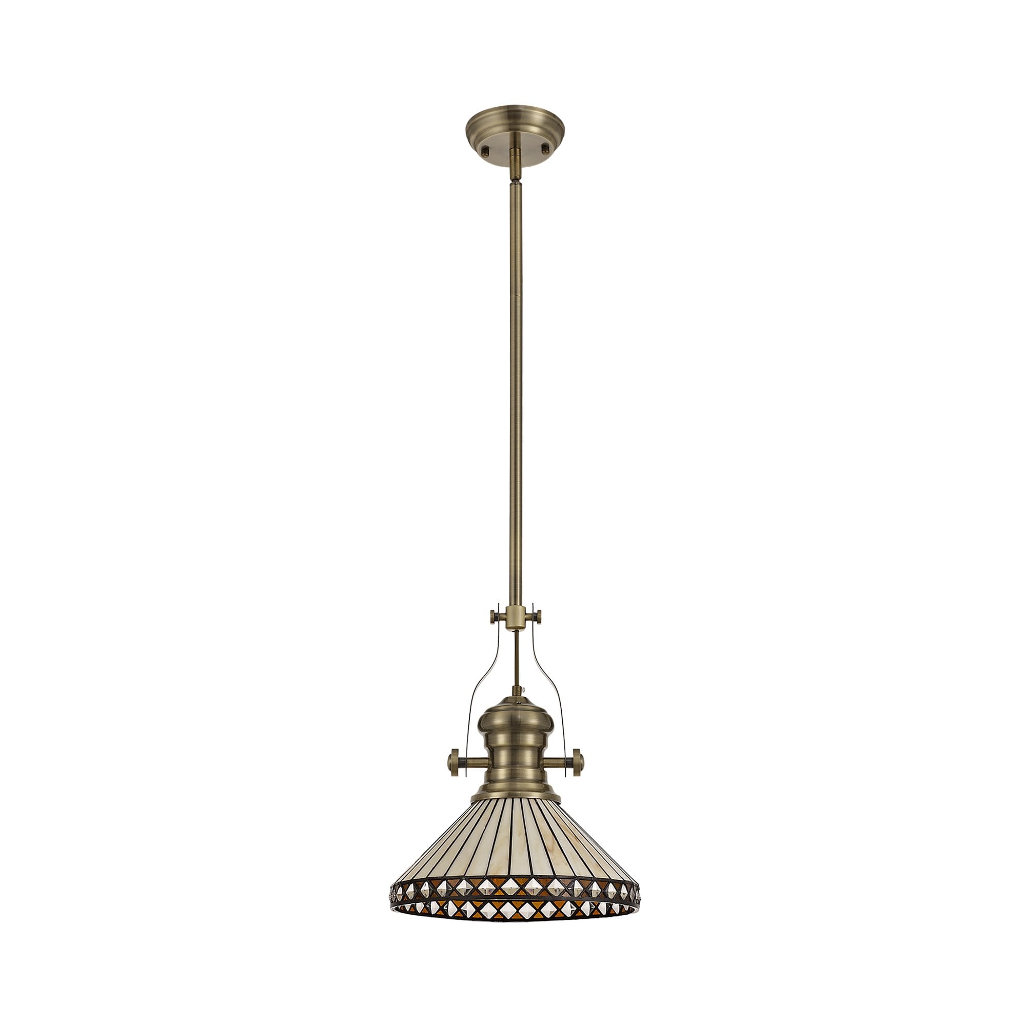 NLK04559 Louis/Tink 1 Light Telescopic Pendant With 30cm Tiffany Shade Antique Brass/Amber/Chrome/Crystal