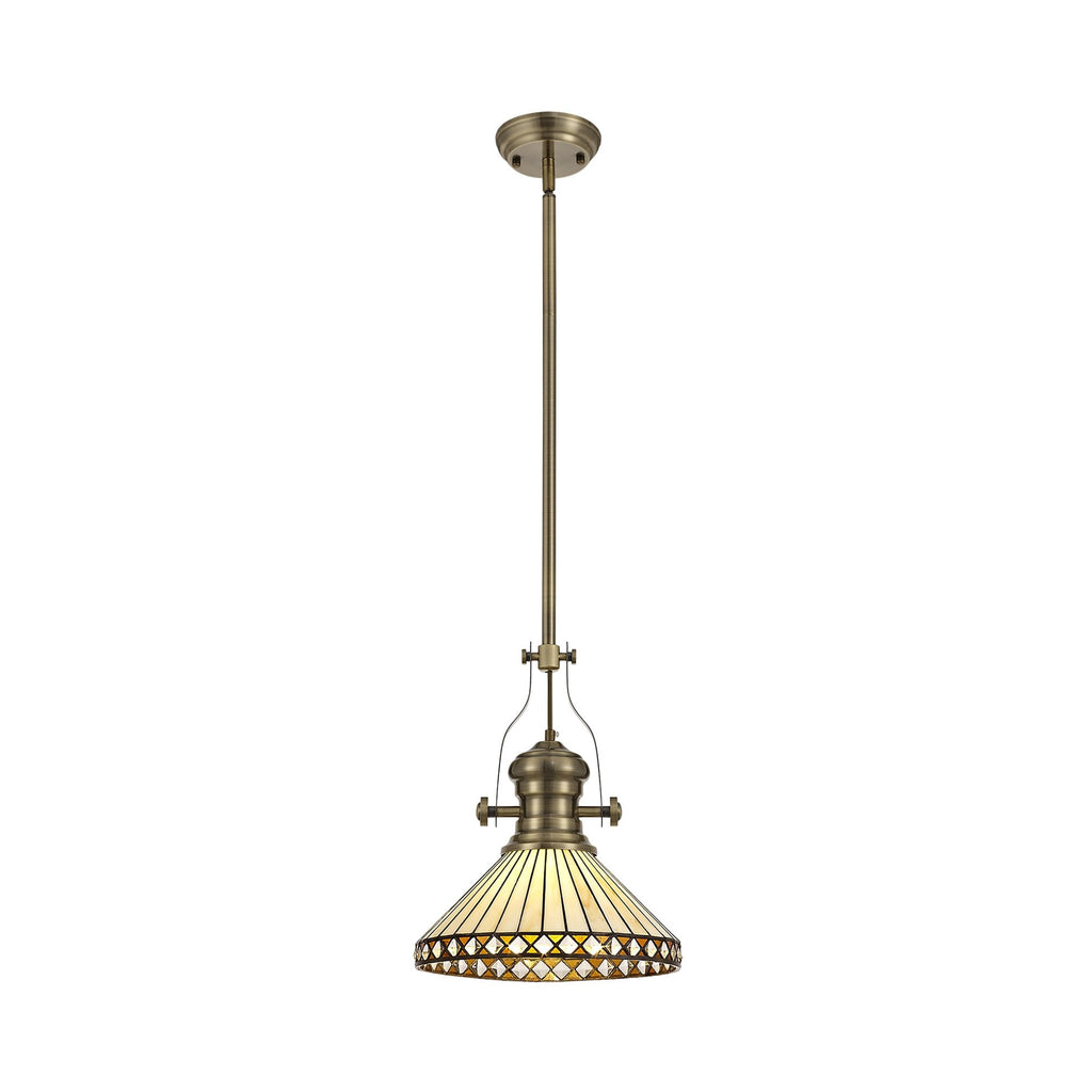 NLK04559 Louis/Tink 1 Light Telescopic Pendant With 30cm Tiffany Shade Antique Brass/Amber/Chrome/Crystal