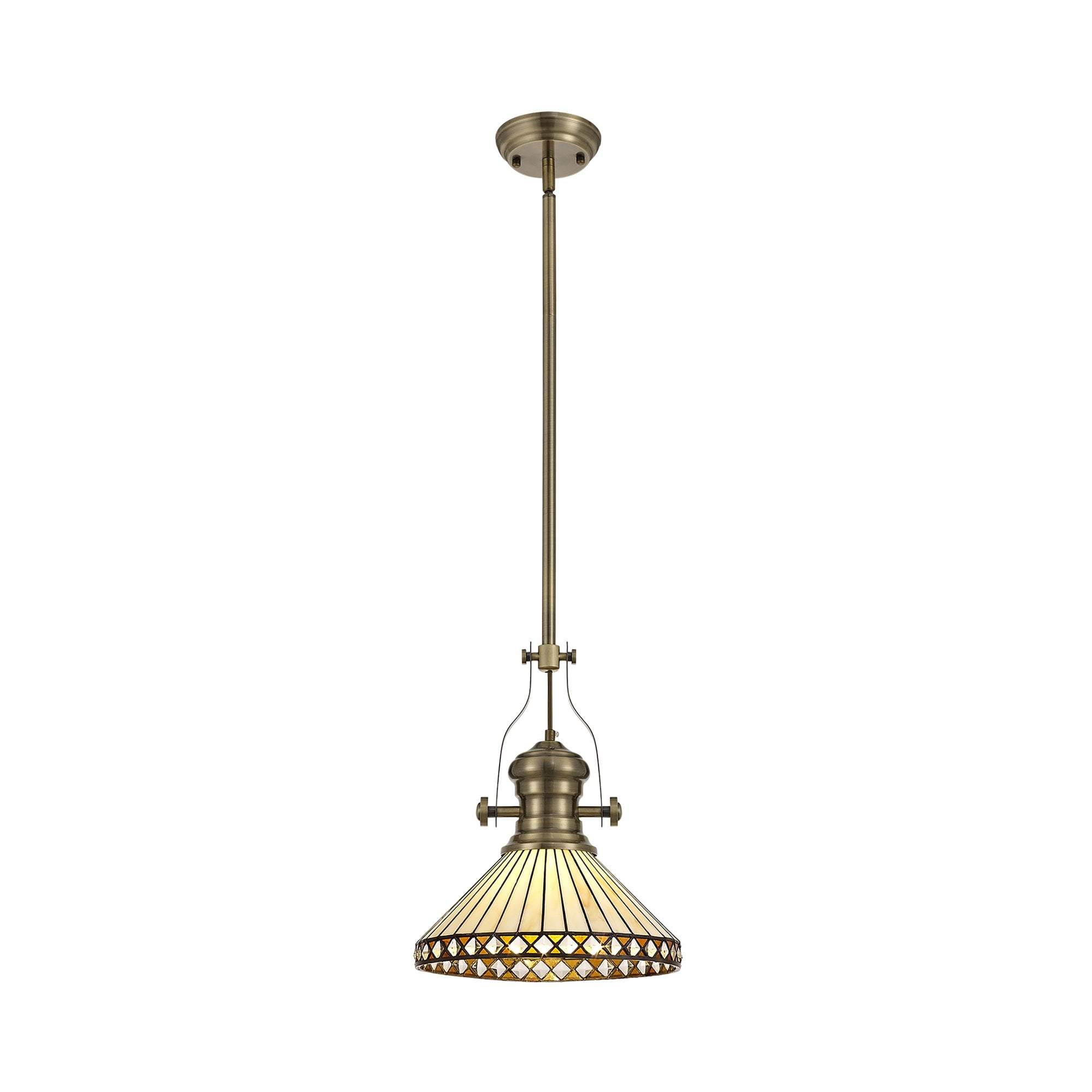 NLK04559 Louis/Tink 1 Light Telescopic Pendant With 30cm Tiffany Shade Antique Brass/Amber/Chrome/Crystal