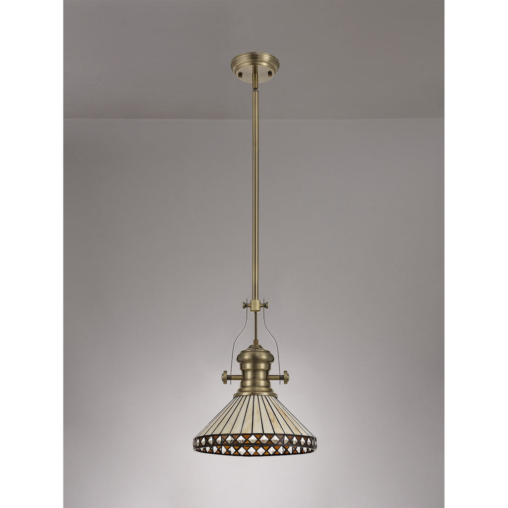 NLK04559 Louis/Tink 1 Light Telescopic Pendant With 30cm Tiffany Shade Antique Brass/Amber/Chrome/Crystal