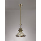 NLK04559 Louis/Tink 1 Light Telescopic Pendant With 30cm Tiffany Shade Antique Brass/Amber/Chrome/Crystal