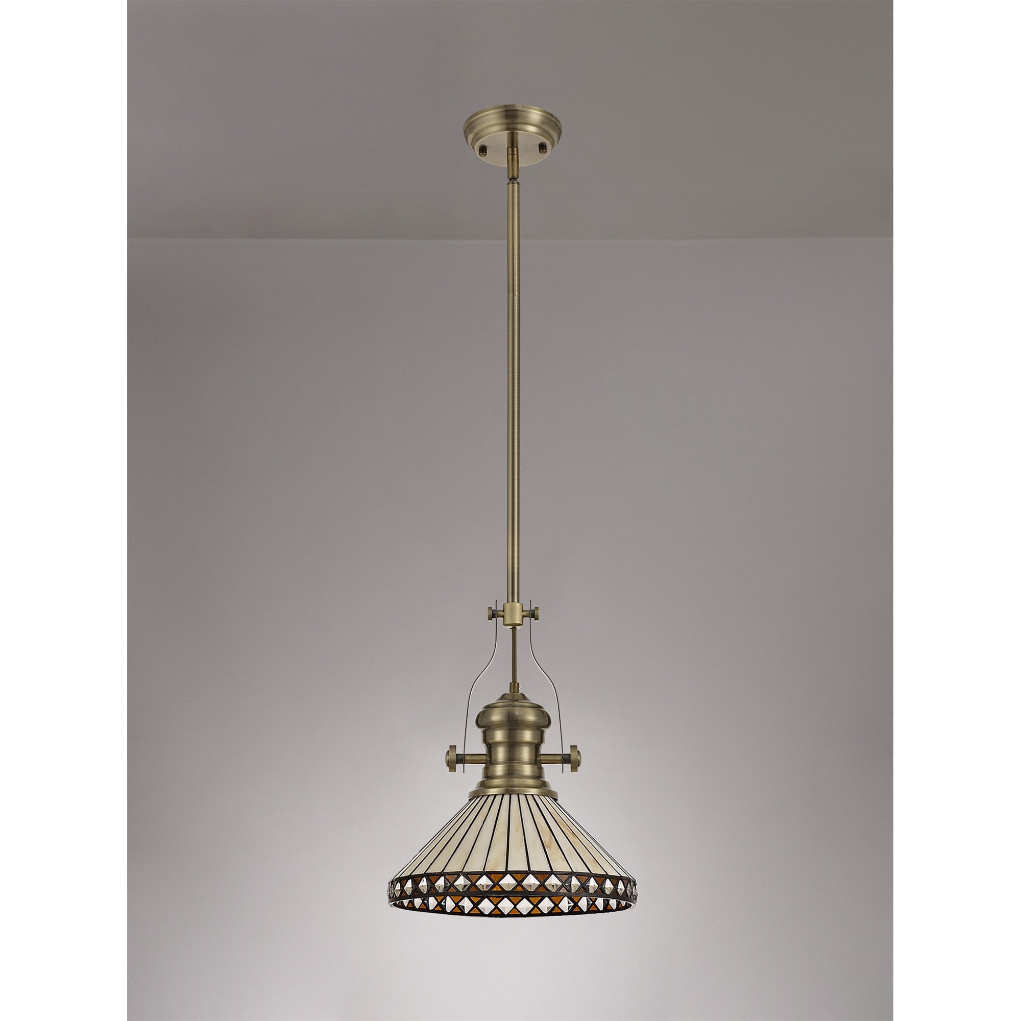 NLK04559 Louis/Tink 1 Light Telescopic Pendant With 30cm Tiffany Shade Antique Brass/Amber/Chrome/Crystal