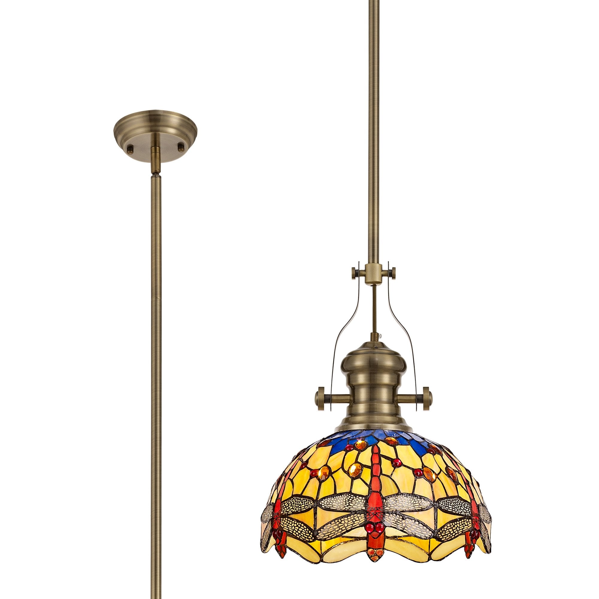 NLK04569 Louis/Heidi 1 Light Telescopic Pendant With 30cm Tiffany Shade Antique Brass/Blue/Orange/Crystal