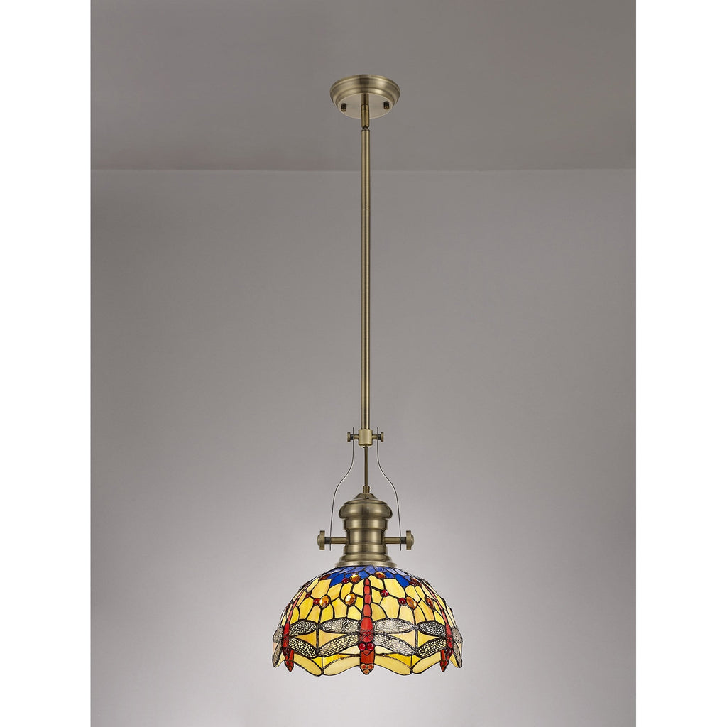 NLK04569 Louis/Heidi 1 Light Telescopic Pendant With 30cm Tiffany Shade Antique Brass/Blue/Orange/Crystal