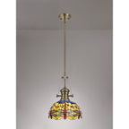 NLK04569 Louis/Heidi 1 Light Telescopic Pendant With 30cm Tiffany Shade Antique Brass/Blue/Orange/Crystal