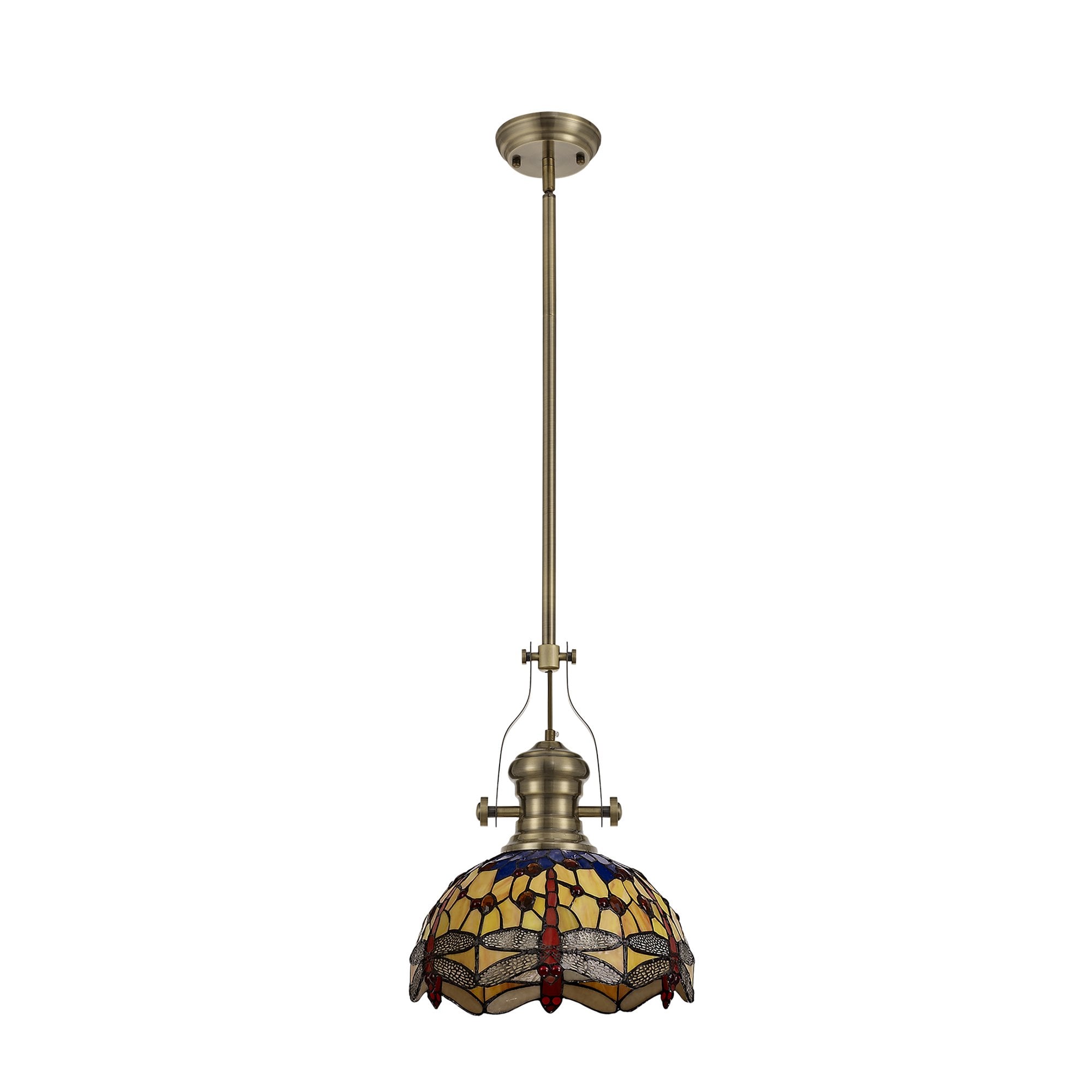 NLK04569 Louis/Heidi 1 Light Telescopic Pendant With 30cm Tiffany Shade Antique Brass/Blue/Orange/Crystal