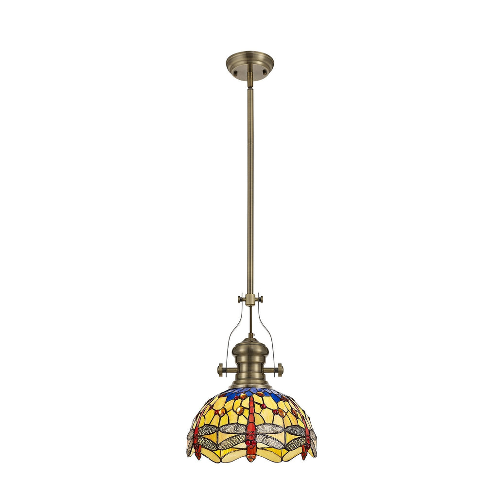NLK04569 Louis/Heidi 1 Light Telescopic Pendant With 30cm Tiffany Shade Antique Brass/Blue/Orange/Crystal