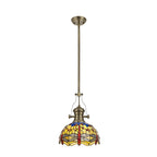 NLK04569 Louis/Heidi 1 Light Telescopic Pendant With 30cm Tiffany Shade Antique Brass/Blue/Orange/Crystal