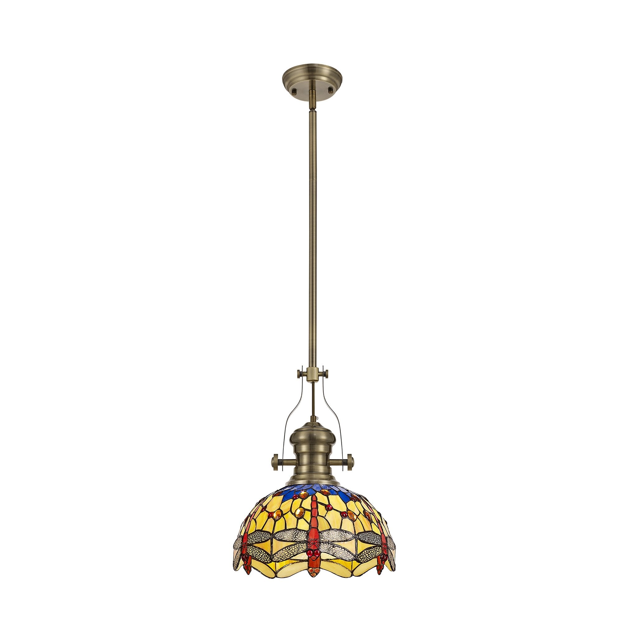 NLK04569 Louis/Heidi 1 Light Telescopic Pendant With 30cm Tiffany Shade Antique Brass/Blue/Orange/Crystal