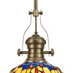 NLK04569 Louis/Heidi 1 Light Telescopic Pendant With 30cm Tiffany Shade Antique Brass/Blue/Orange/Crystal