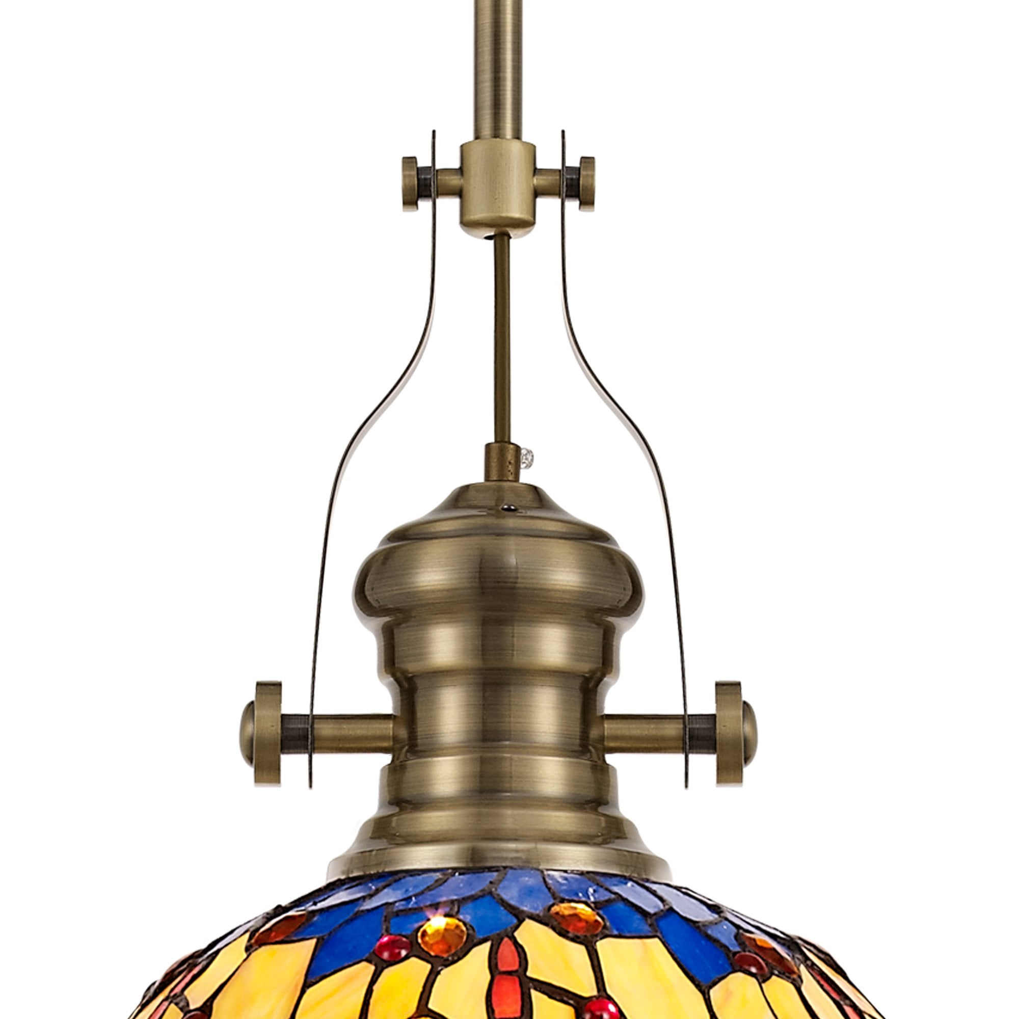 NLK04569 Louis/Heidi 1 Light Telescopic Pendant With 30cm Tiffany Shade Antique Brass/Blue/Orange/Crystal