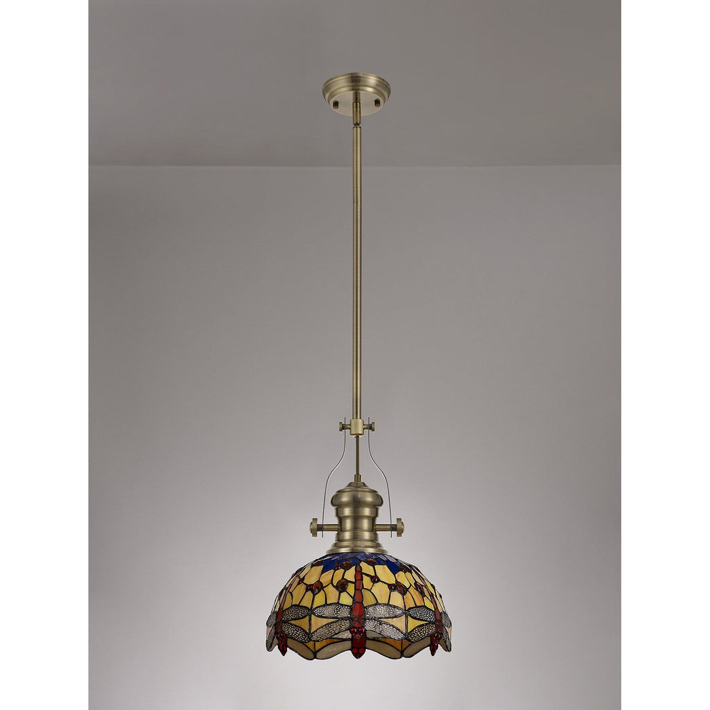 NLK04569 Louis/Heidi 1 Light Telescopic Pendant With 30cm Tiffany Shade Antique Brass/Blue/Orange/Crystal