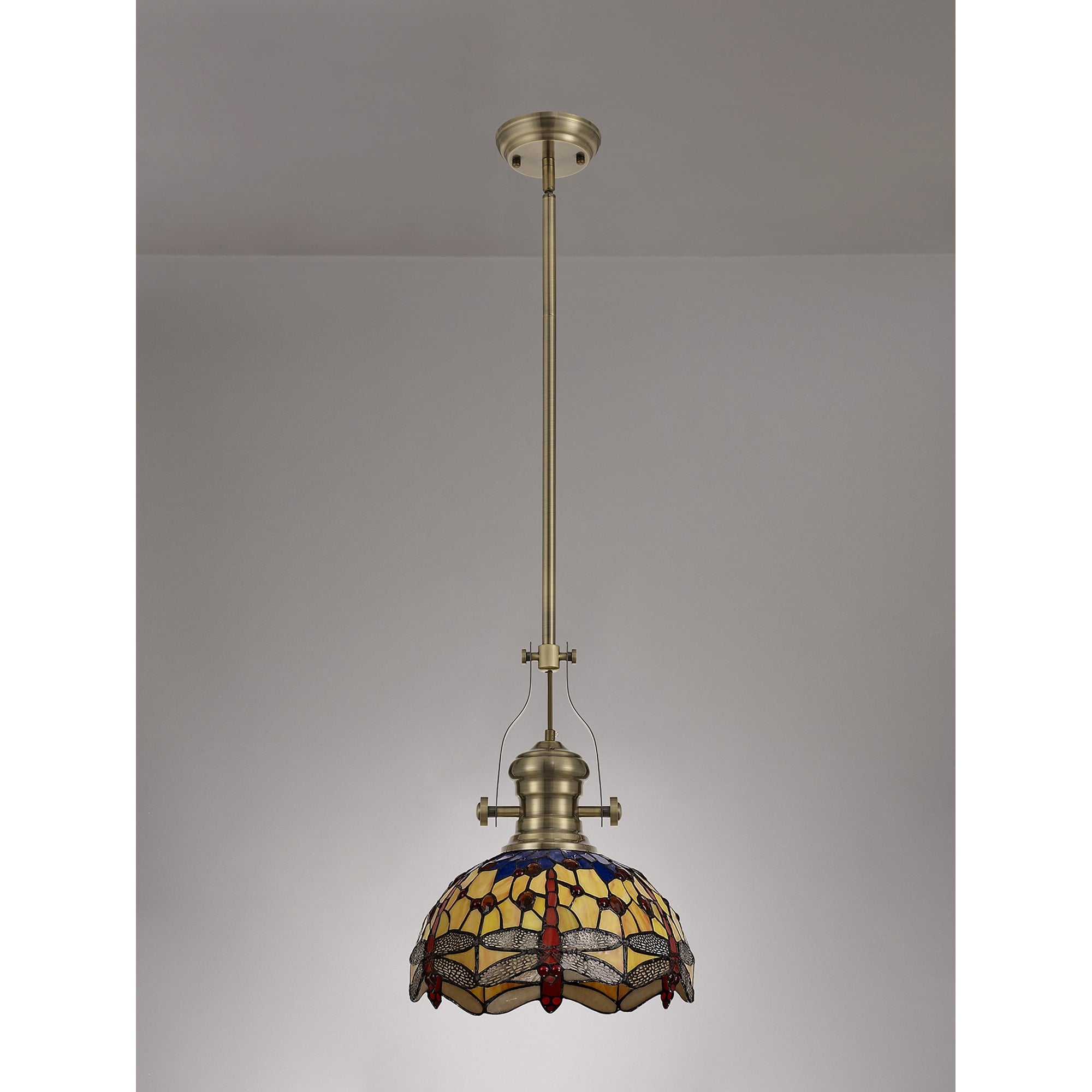 NLK04569 Louis/Heidi 1 Light Telescopic Pendant With 30cm Tiffany Shade Antique Brass/Blue/Orange/Crystal