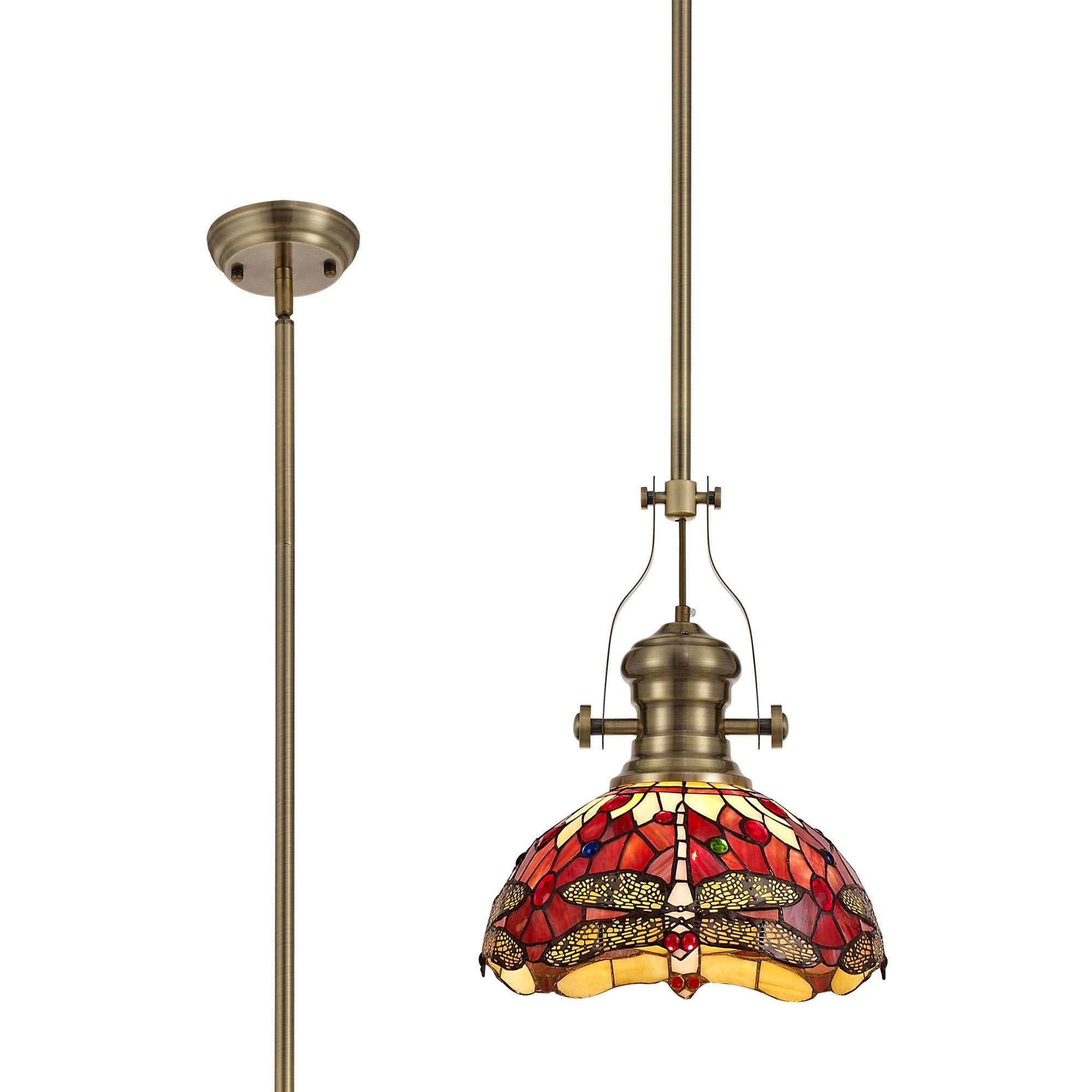 NLK04579 Louis/Heidi 1 Light Telescopic Pendant With 30cm Tiffany Shade Antique Brass/Purple/Pink/Crystal