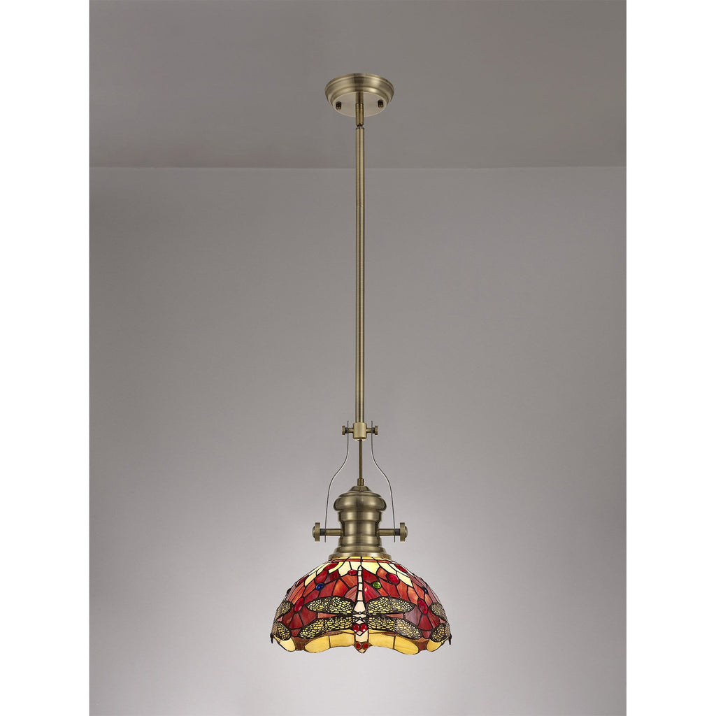 NLK04579 Louis/Heidi 1 Light Telescopic Pendant With 30cm Tiffany Shade Antique Brass/Purple/Pink/Crystal
