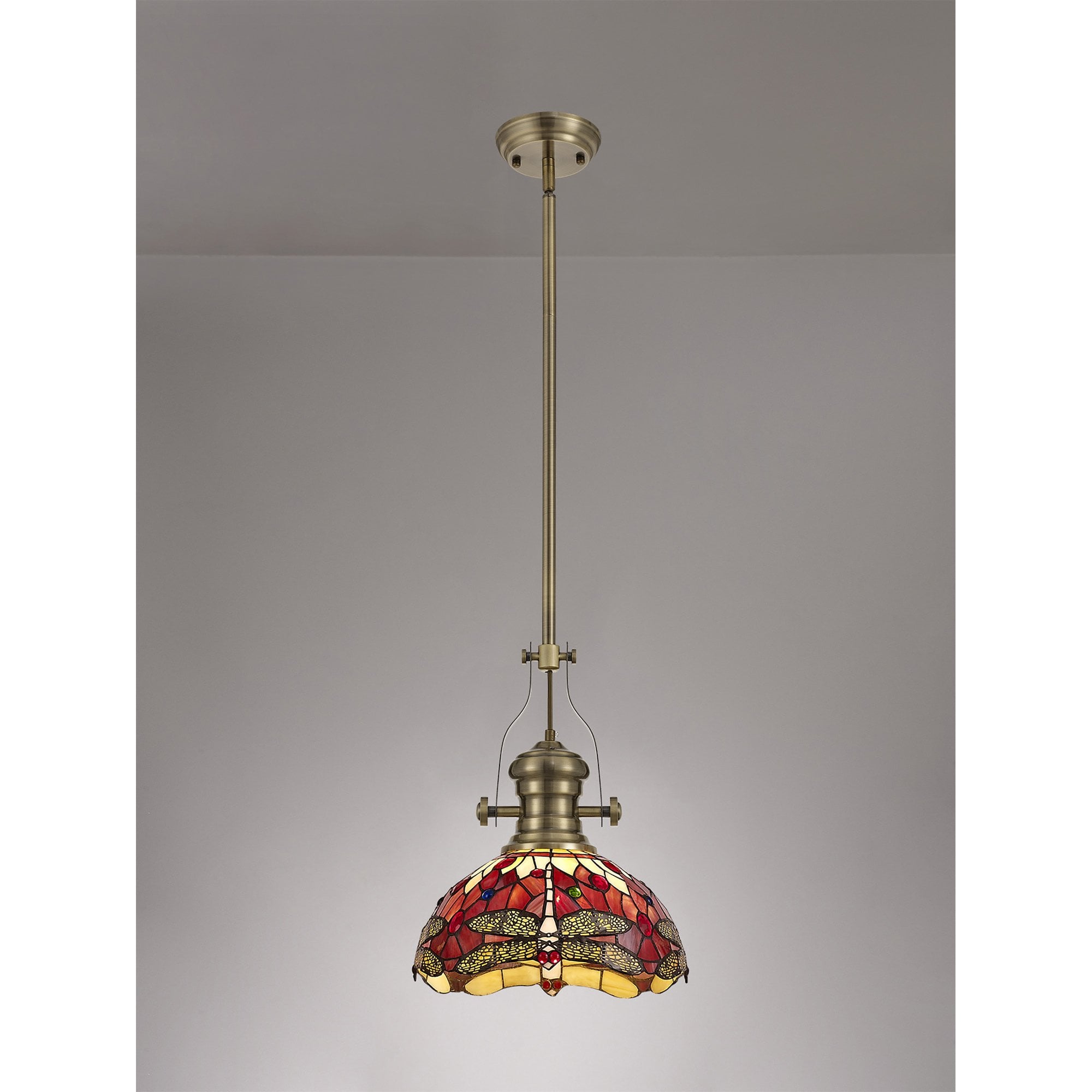 NLK04579 Louis/Heidi 1 Light Telescopic Pendant With 30cm Tiffany Shade Antique Brass/Purple/Pink/Crystal