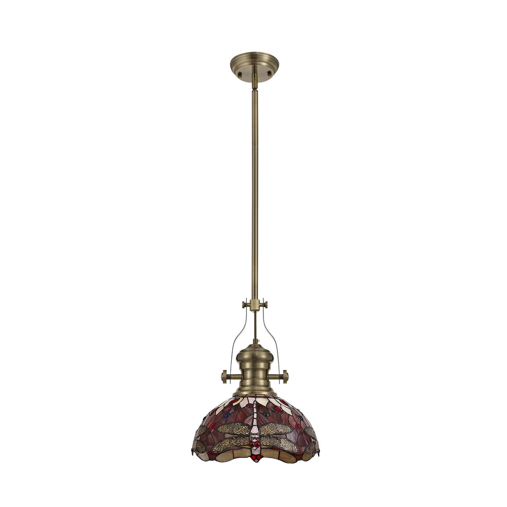 NLK04579 Louis/Heidi 1 Light Telescopic Pendant With 30cm Tiffany Shade Antique Brass/Purple/Pink/Crystal