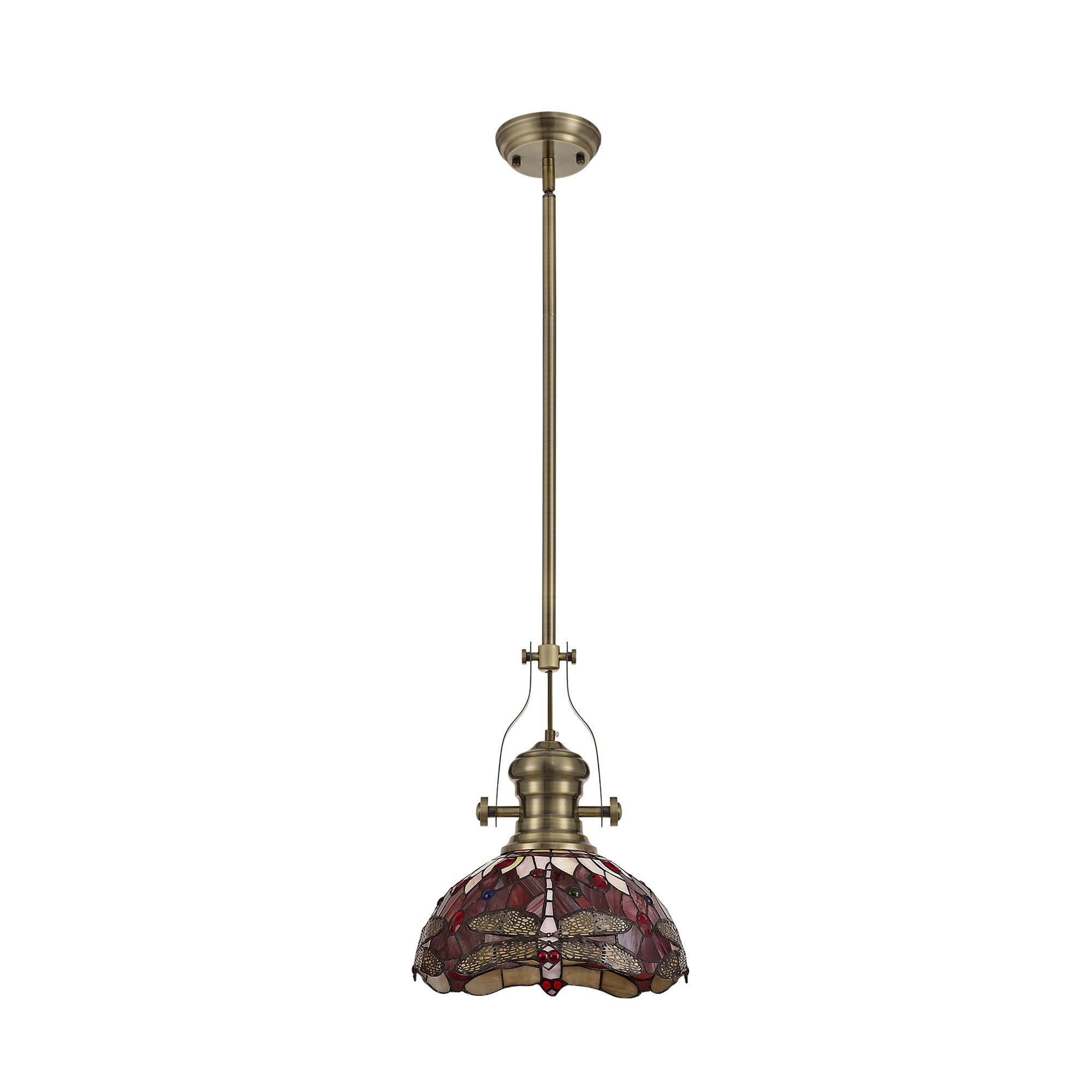 NLK04579 Louis/Heidi 1 Light Telescopic Pendant With 30cm Tiffany Shade Antique Brass/Purple/Pink/Crystal