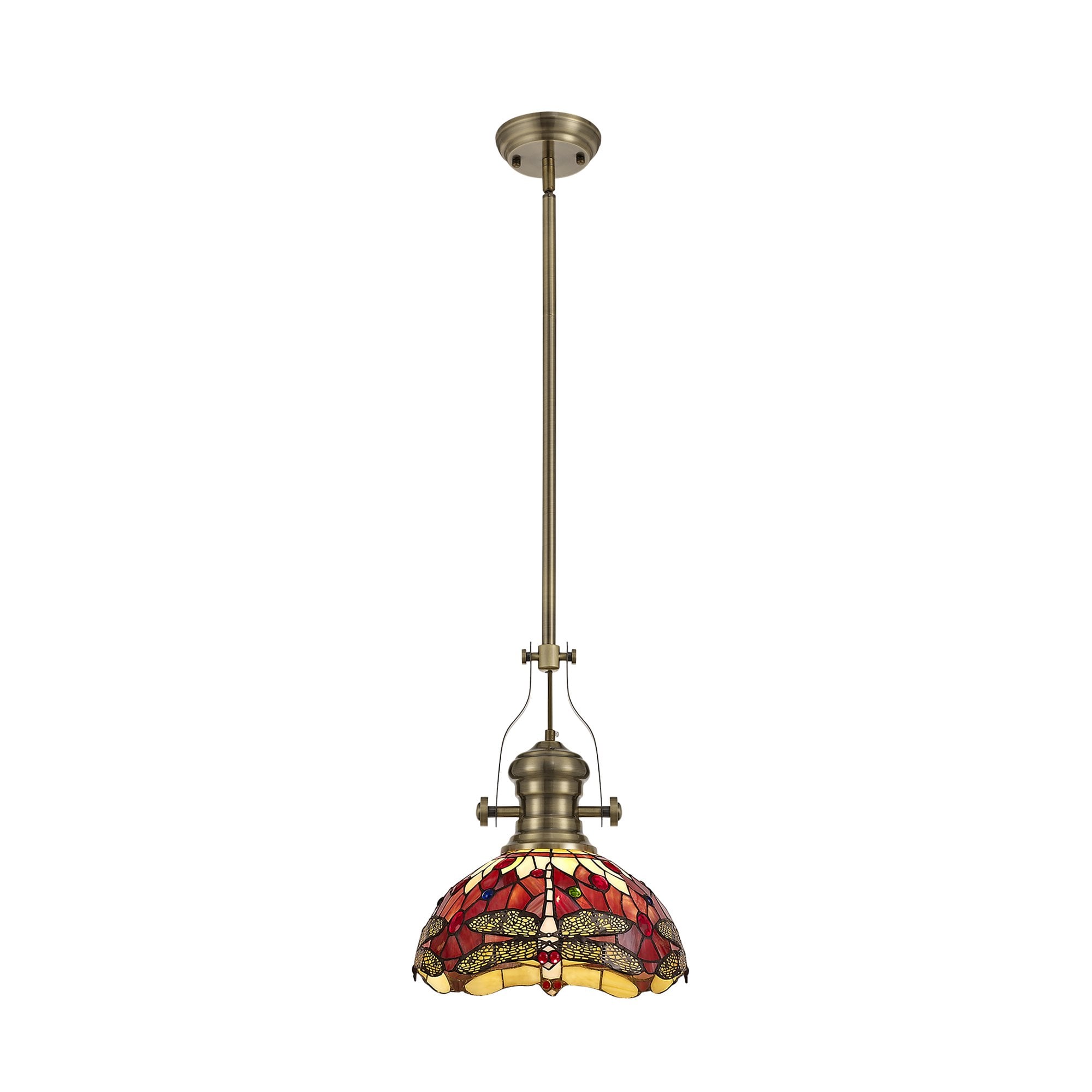 NLK04579 Louis/Heidi 1 Light Telescopic Pendant With 30cm Tiffany Shade Antique Brass/Purple/Pink/Crystal